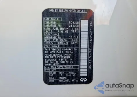 2020 Infiniti Qx50 Pure z USA, uszkodzony, nr VIN 3PCAJ5M35LF106923